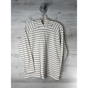 Max & Mia Shirt Womens Large White Gray Stripe Hooded V Neck Long Sleeve Top